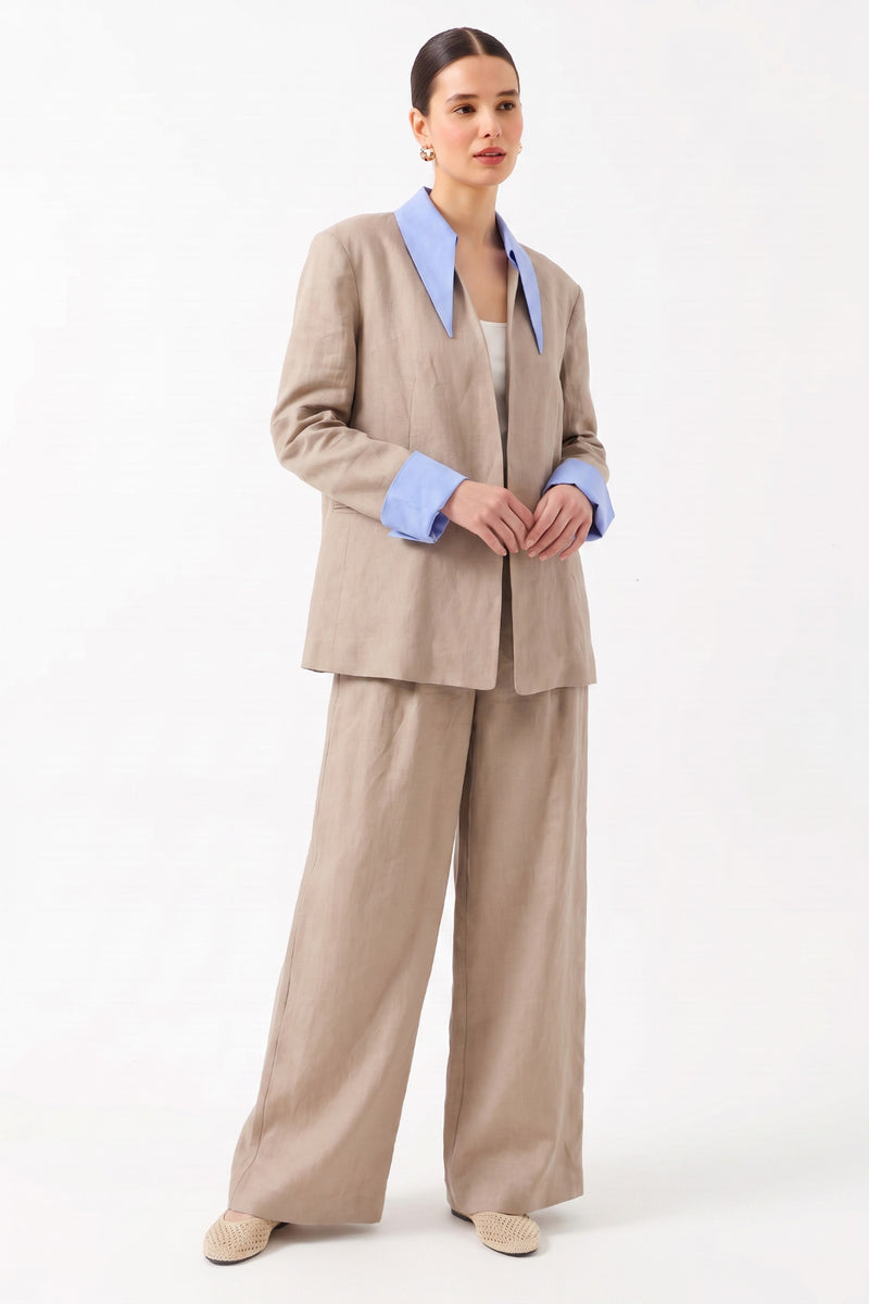 Oversize Gömlek Yaka Uzun Kollu Pantolonlu Takım BEJ