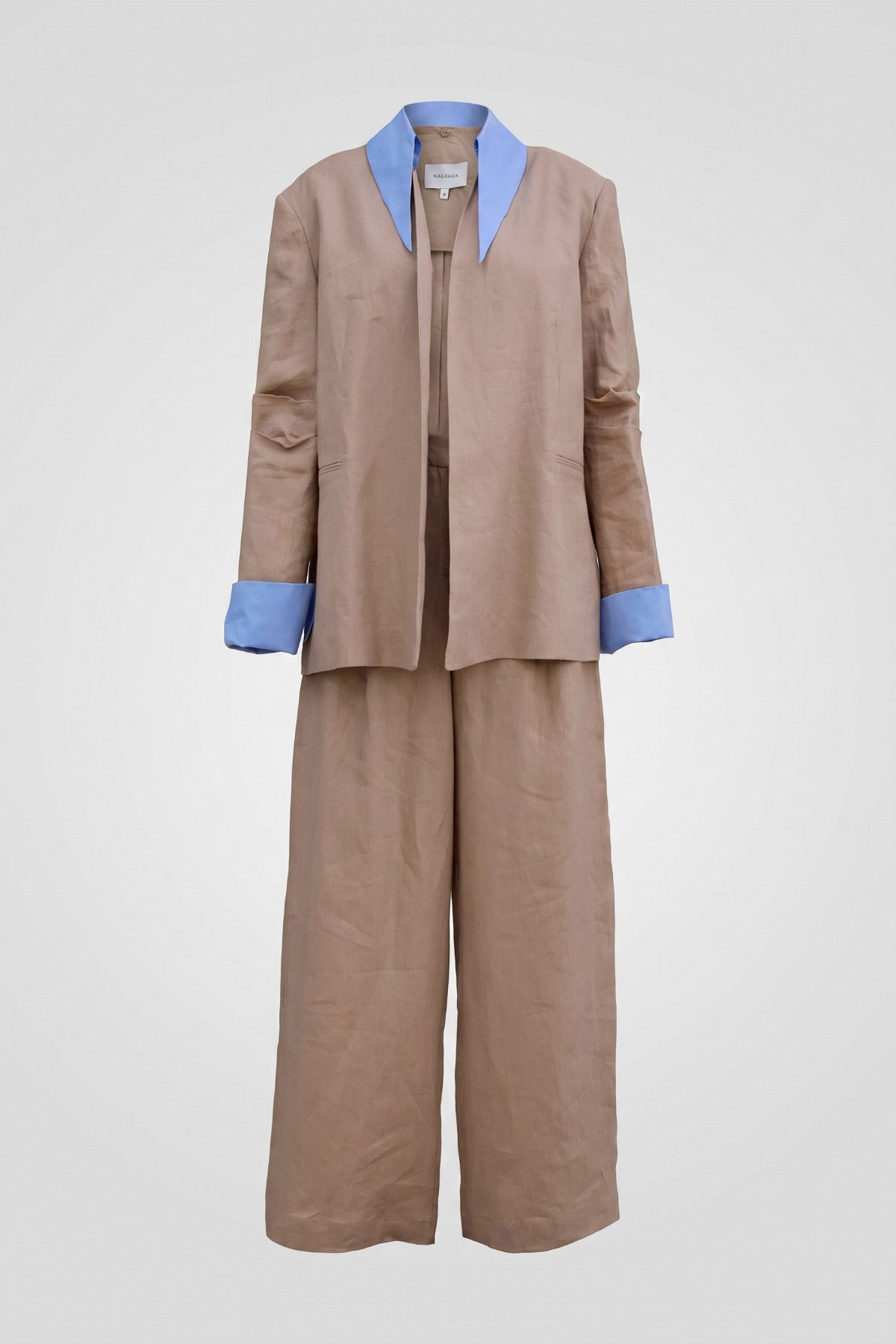 Oversize Gömlek Yaka Uzun Kollu Pantolonlu Takım BEJ