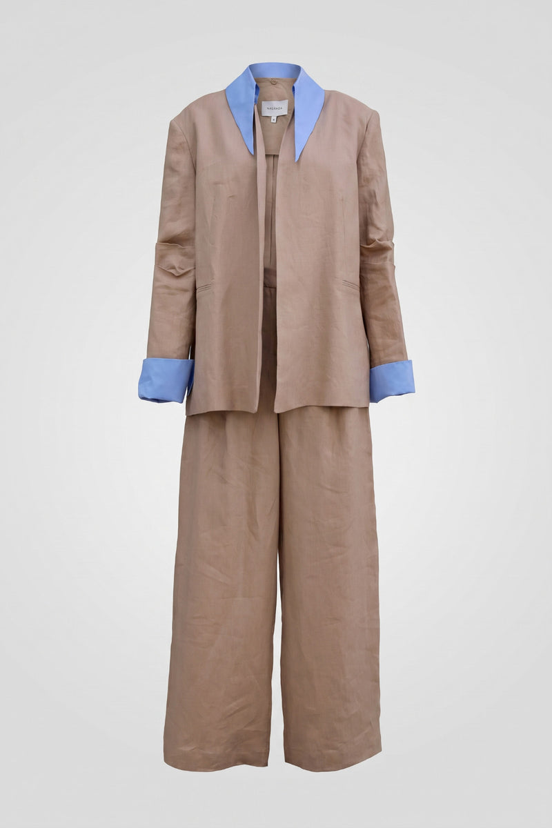 Oversize Gömlek Yaka Uzun Kollu Pantolonlu Takım BEJ