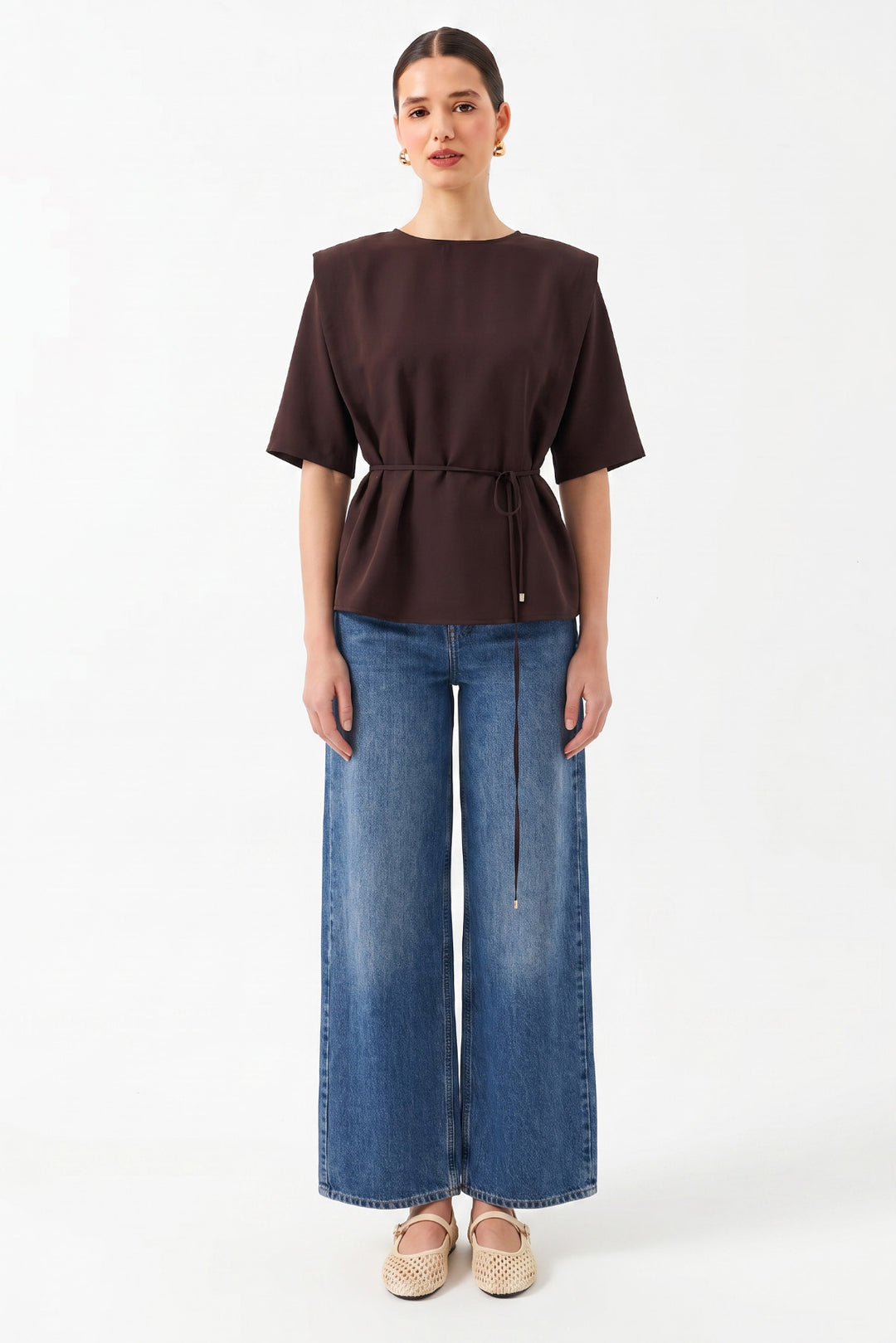 Oversize Yuvarlak Yaka Kısa Kollu Bluz KAHVERENGİ