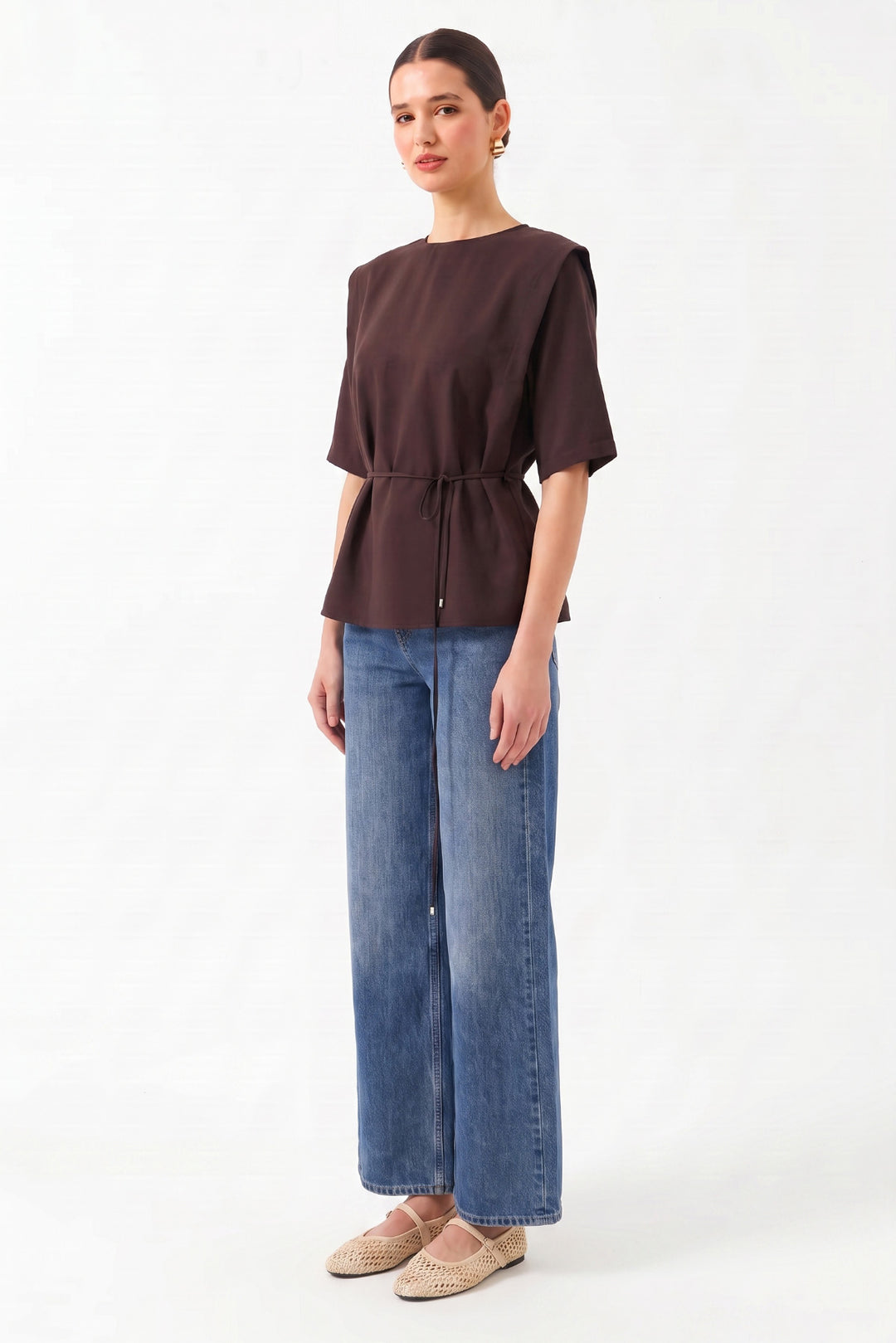 Oversize Yuvarlak Yaka Kısa Kollu Bluz KAHVERENGİ