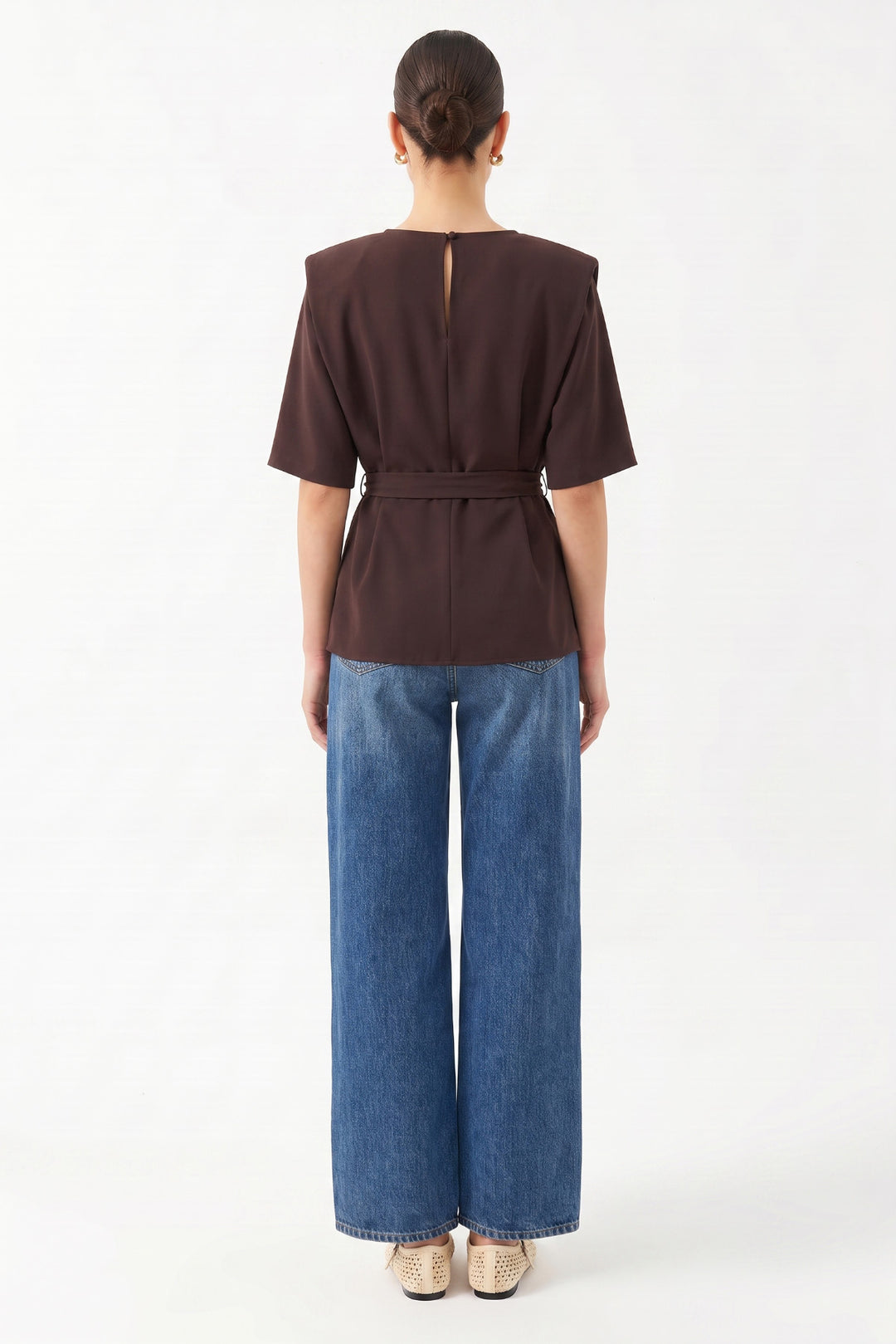 Oversize Yuvarlak Yaka Kısa Kollu Bluz KAHVERENGİ