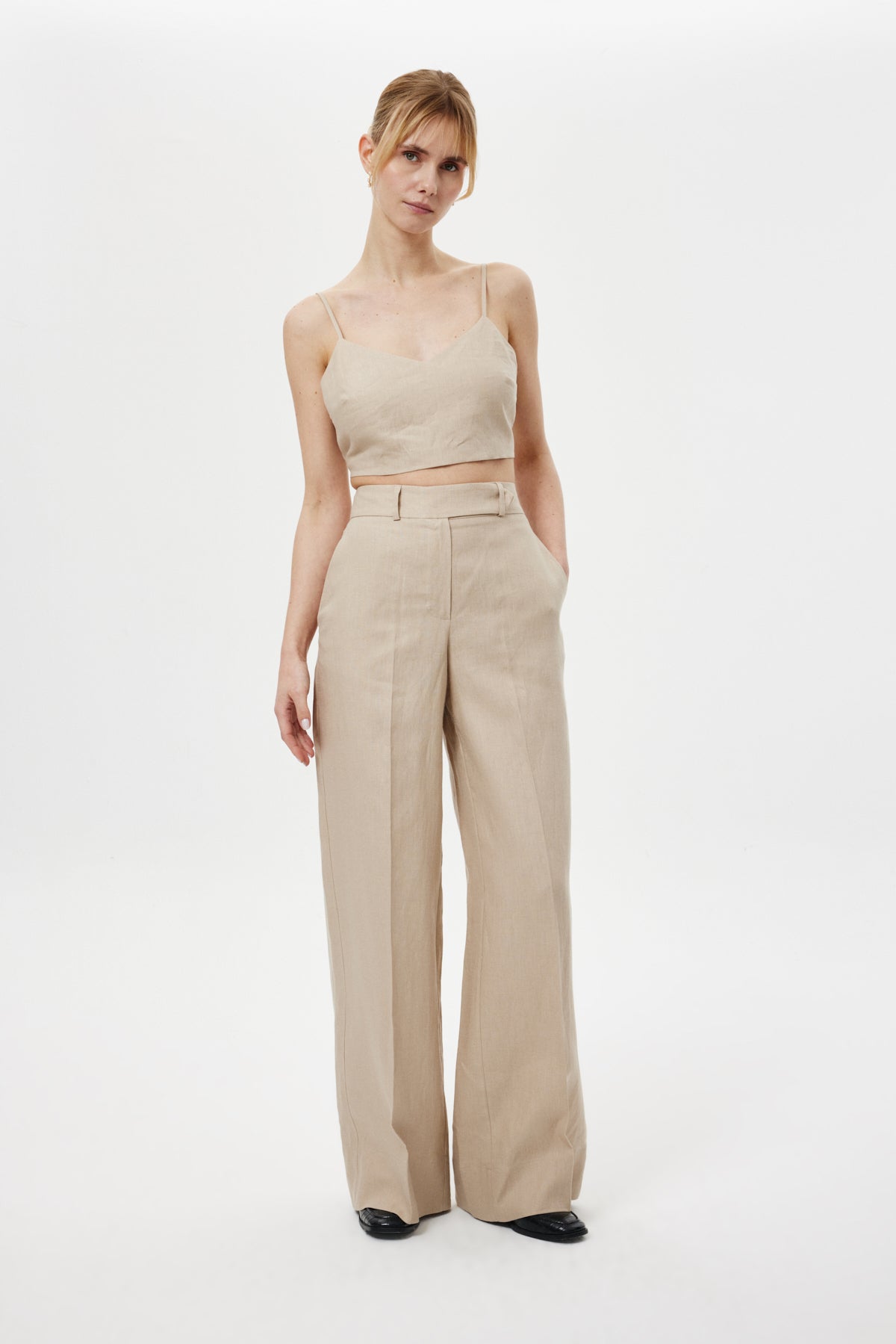 Loose-Fit Keten Pantolon Bej