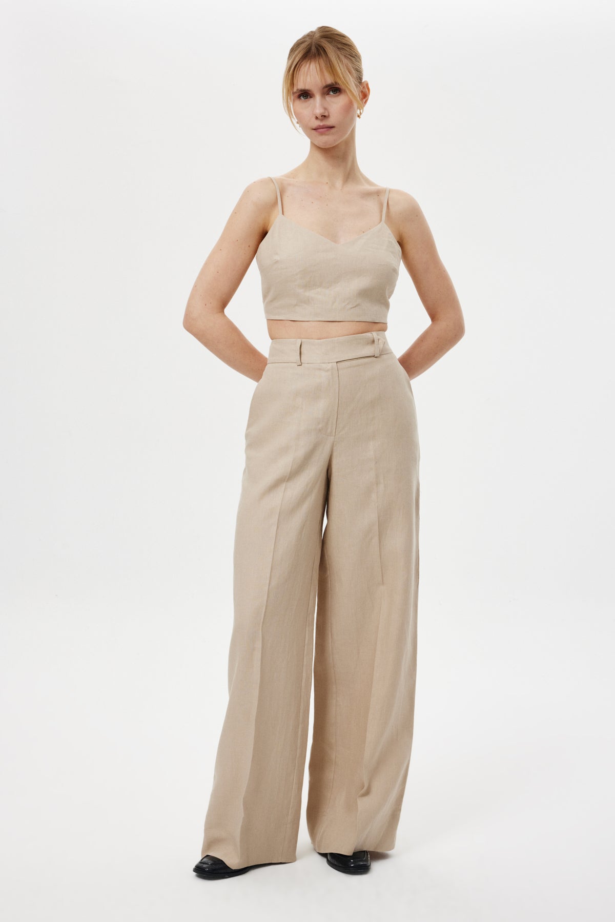 Loose-Fit Keten Pantolon Bej