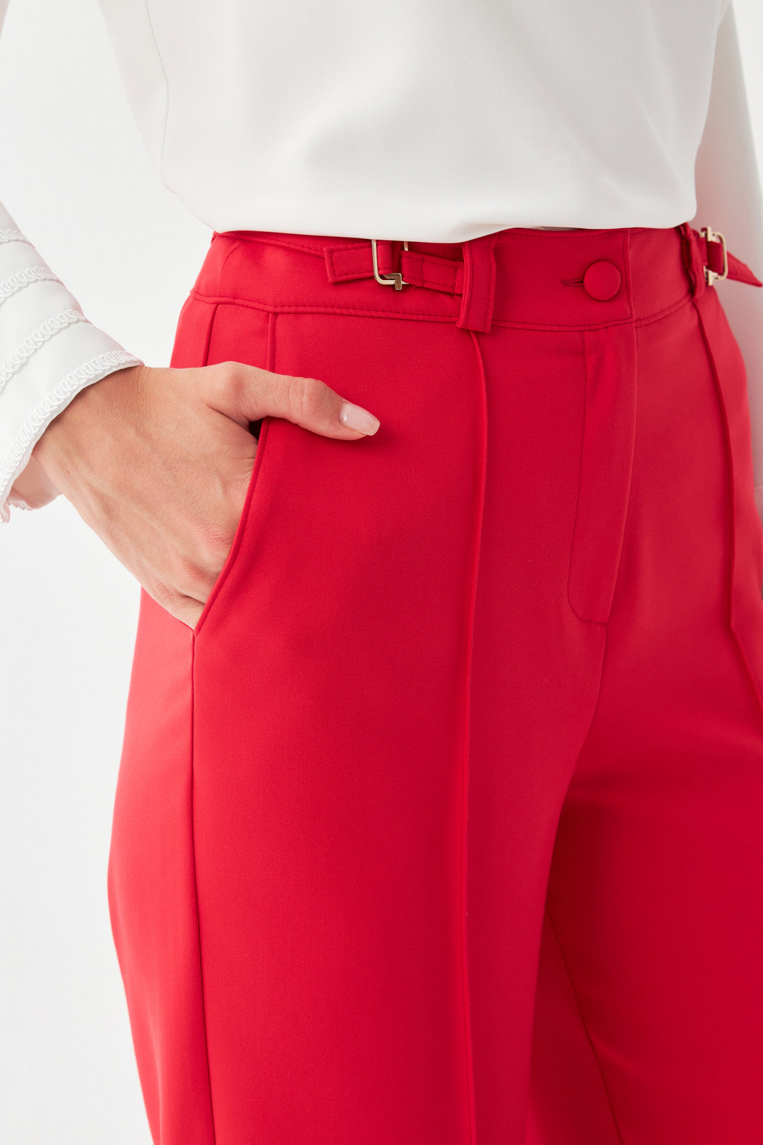 Toka Detaylı Geniş Paça Pantolon KIRMIZI