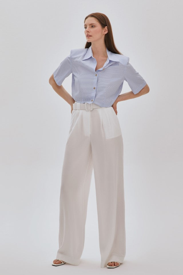 Pileli Tencel Palazzo Pantolon Beyaz