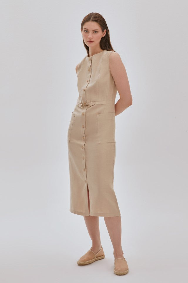 PUANTİYE DESENLİ FİYONK DETAYLI ELBİSE BEJ