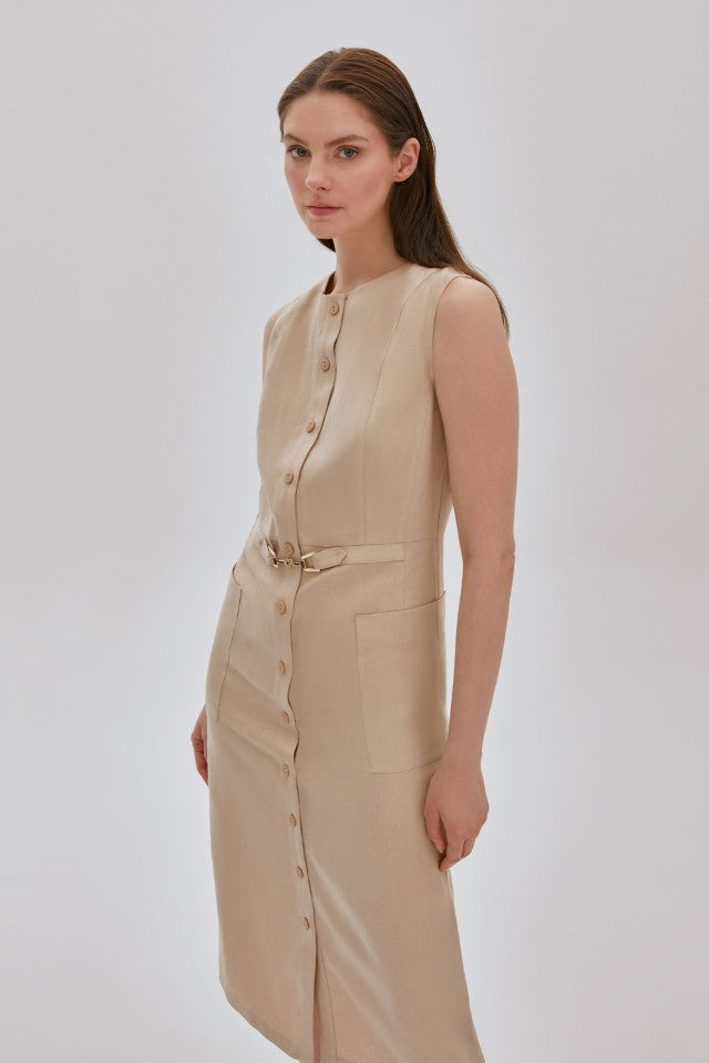 PUANTİYE DESENLİ FİYONK DETAYLI ELBİSE BEJ