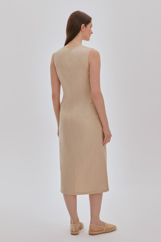 PUANTİYE DESENLİ FİYONK DETAYLI ELBİSE BEJ