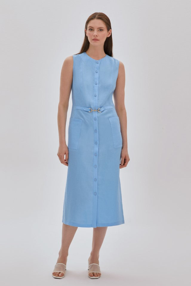 PUANTİYE DESENLİ FİYONK DETAYLI ELBİSE MAVİ