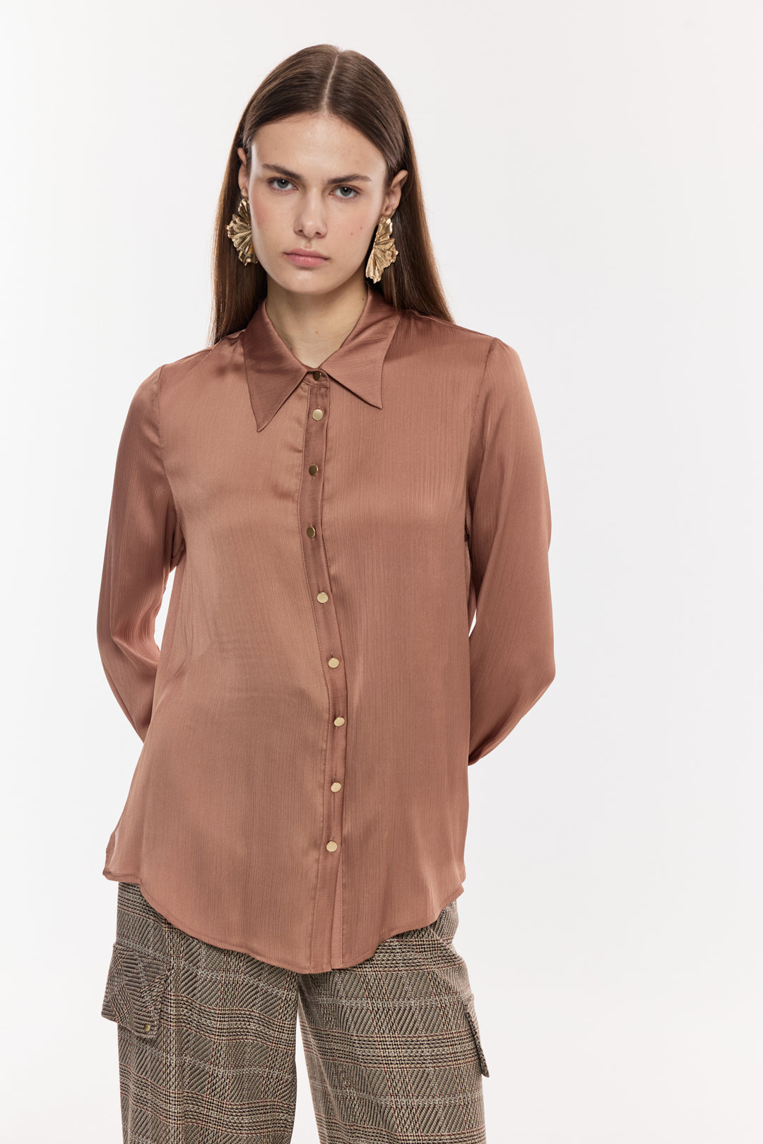 Saten Dokulu Düğmeli Gömlek CAMEL