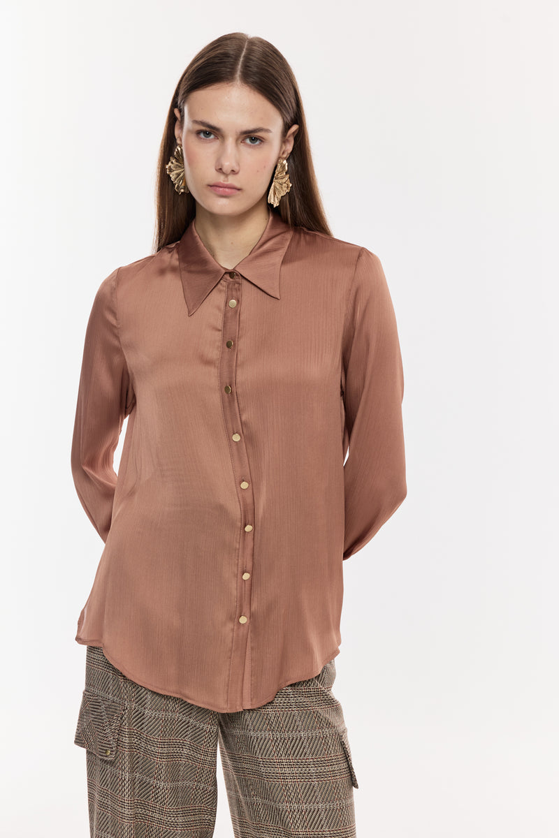 Saten Dokulu Düğmeli Gömlek CAMEL