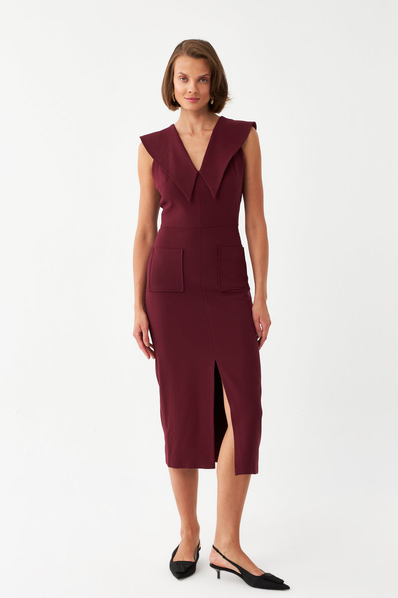 Sırt Dekolteli Midi Elbise BORDO