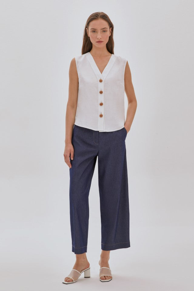 Tahta Düğmeli Kolsuz Gömlek MAVİ