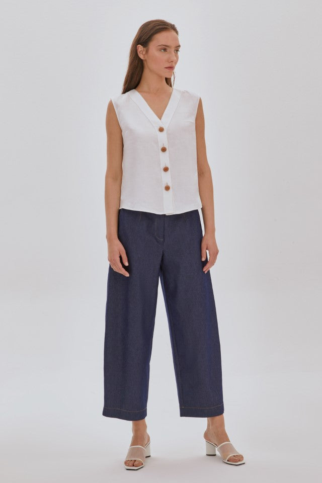 Tahta Düğmeli Kolsuz Gömlek MAVİ