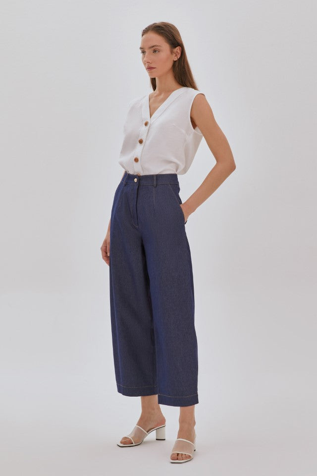 Tahta Düğmeli Kolsuz Gömlek MAVİ