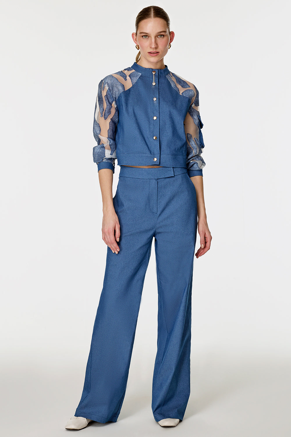 Organze Garnili Denim Görünümlü Takım İndigo
