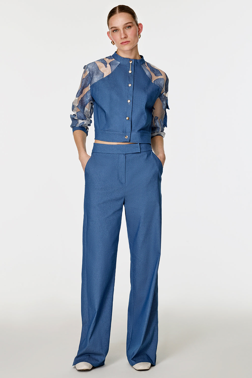 Organze Garnili Denim Görünümlü Takım İndigo