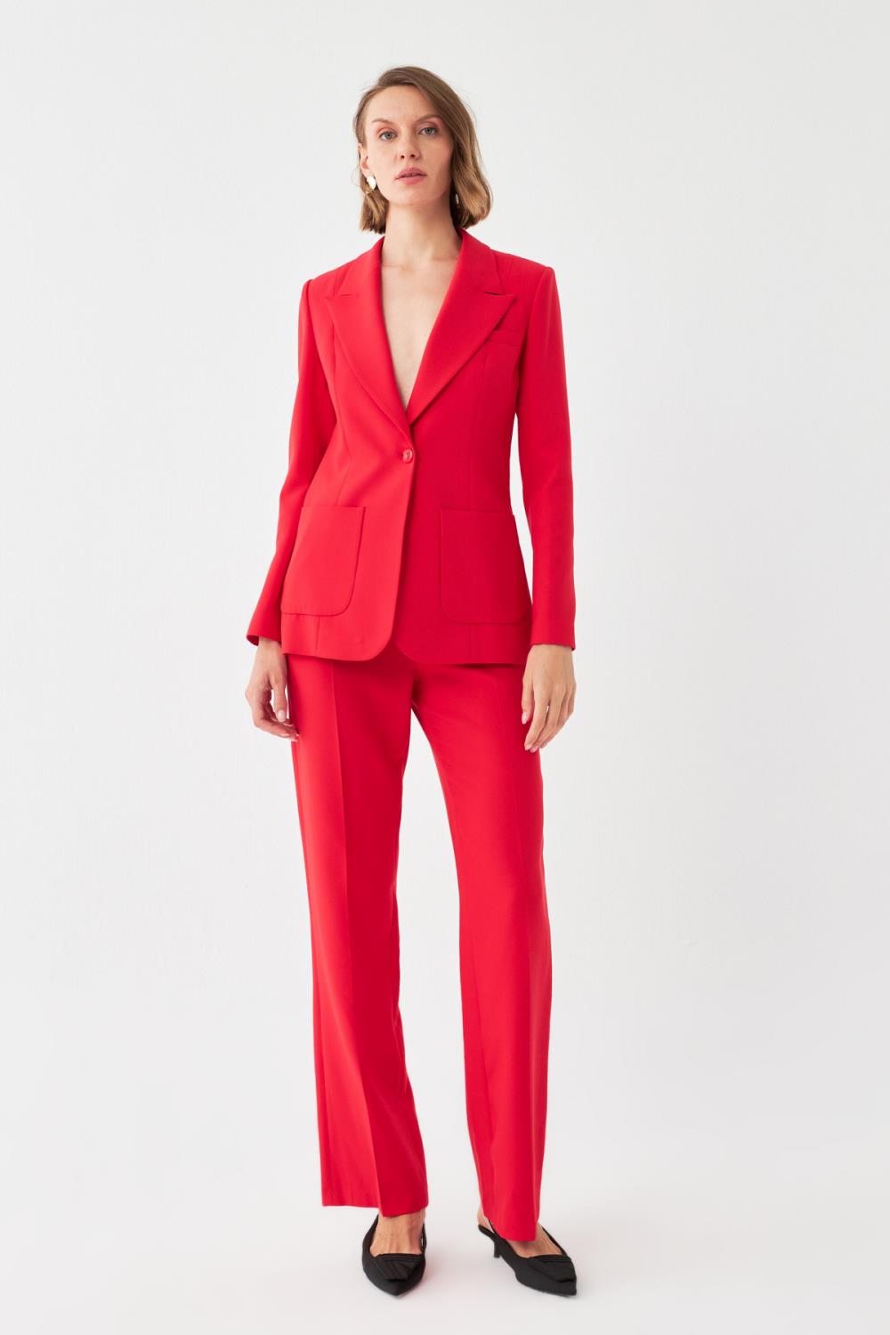 Tek Düğmeli Kırmızı Blazer & Pantolon