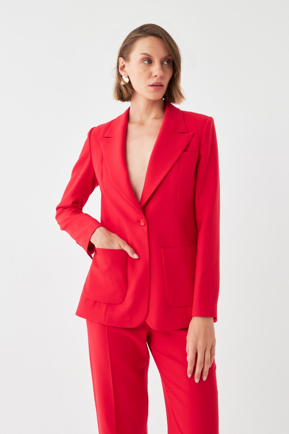 Tek Düğmeli Kırmızı Blazer & Pantolon