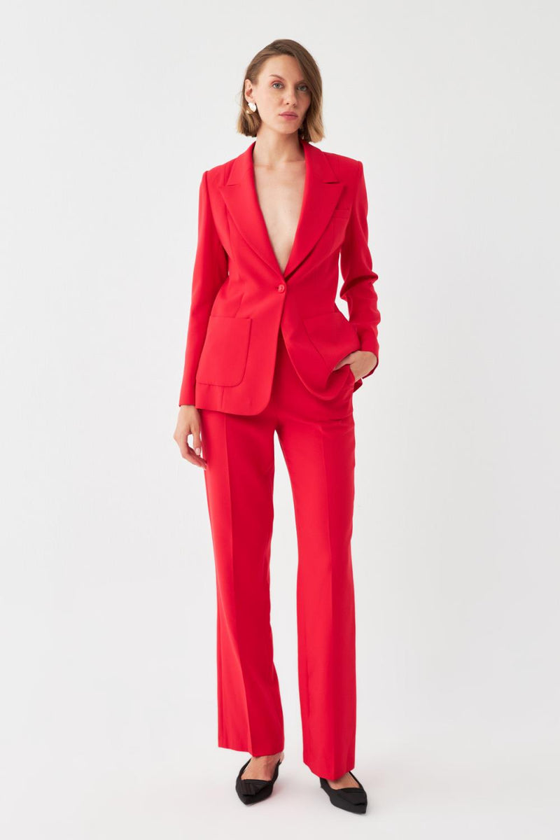 Tek Düğmeli Kırmızı Blazer & Pantolon