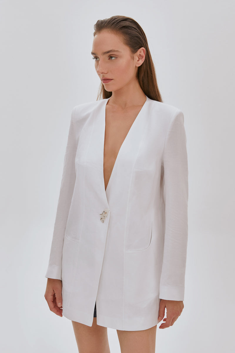 Tek Düğmeli Yakasız Keten Ceket BEYAZ