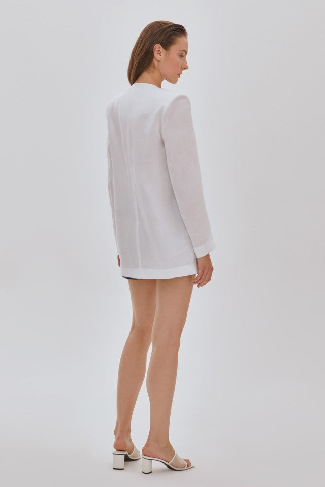 Tek Düğmeli Yakasız Keten Ceket BEYAZ