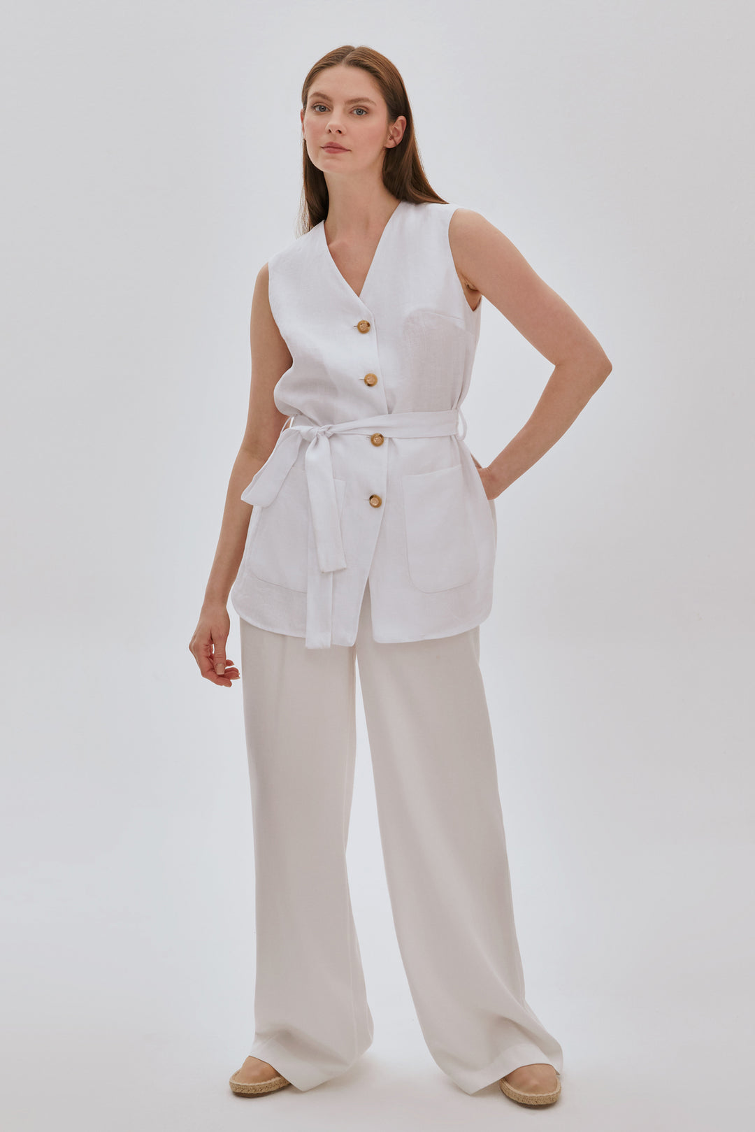 YANI YIRTMAÇLI, KETEN, YELEK PANTOLON TAKIM Beyaz