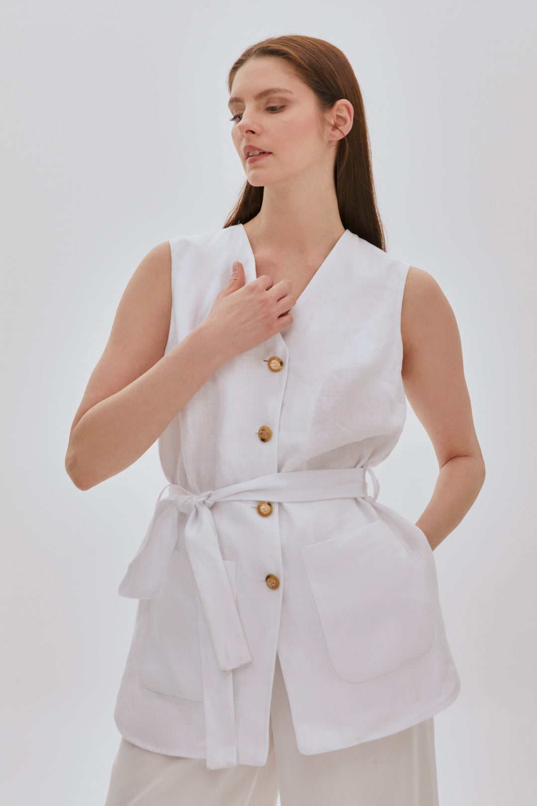 YANI YIRTMAÇLI, KETEN, YELEK PANTOLON TAKIM Beyaz