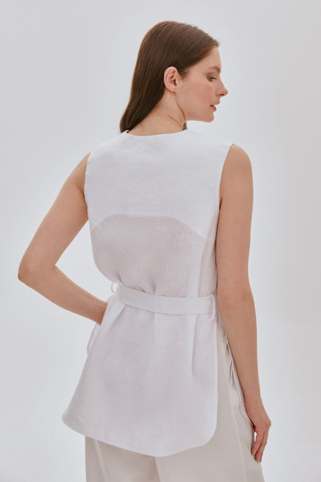 YANI YIRTMAÇLI, KETEN, YELEK PANTOLON TAKIM Beyaz