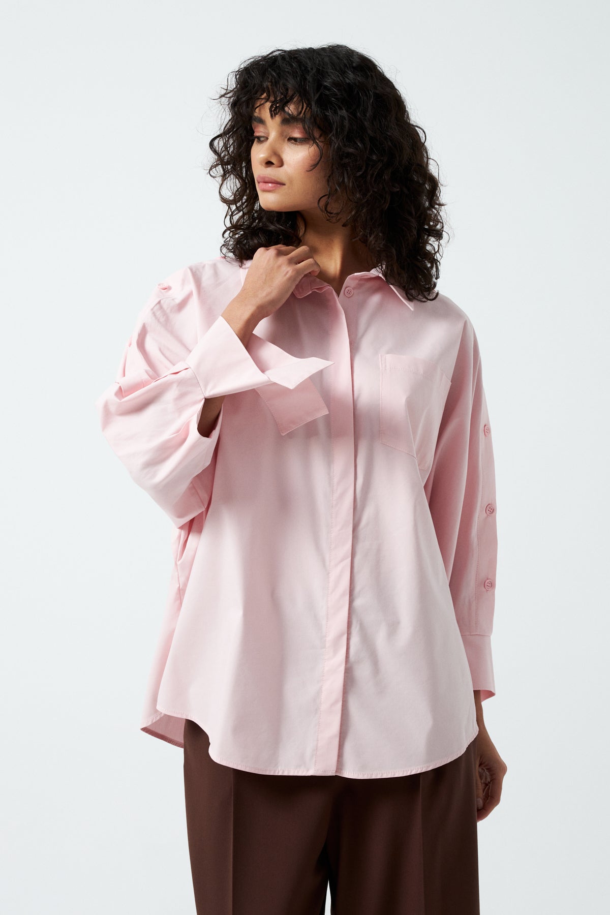 Yırtmaç Manşetli Oversize Gömlek PEMBE