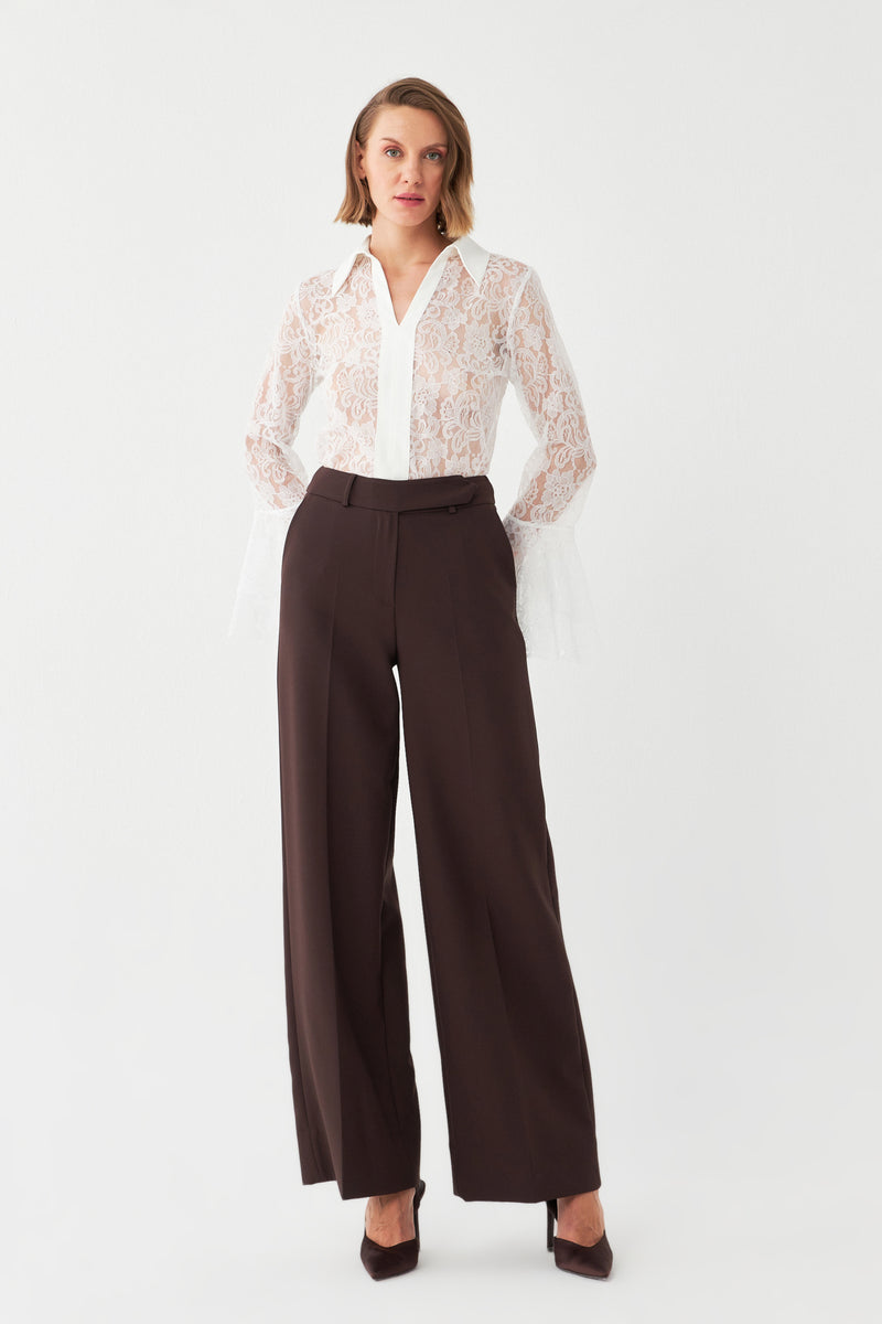 Yüksek Bel Geniş Paça Pantolon KAHVERENGİ