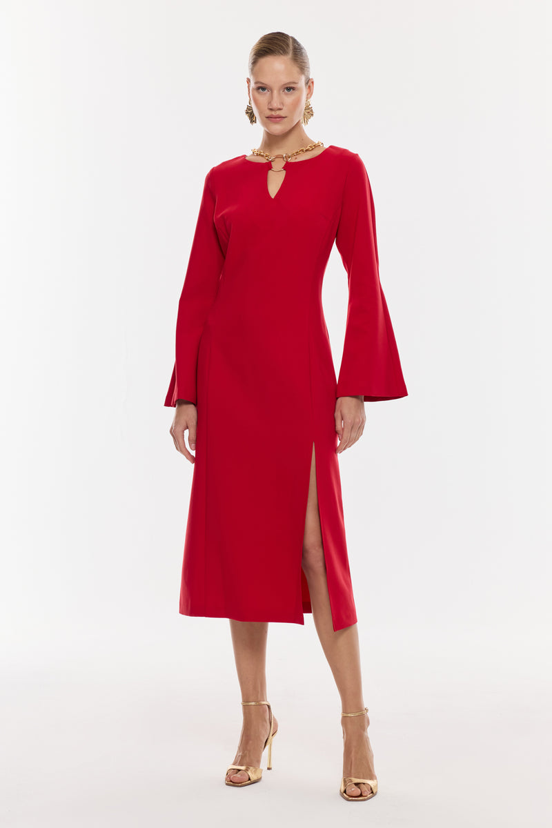 Zincir Detaylı Yırtmaçlı Midi Elbise