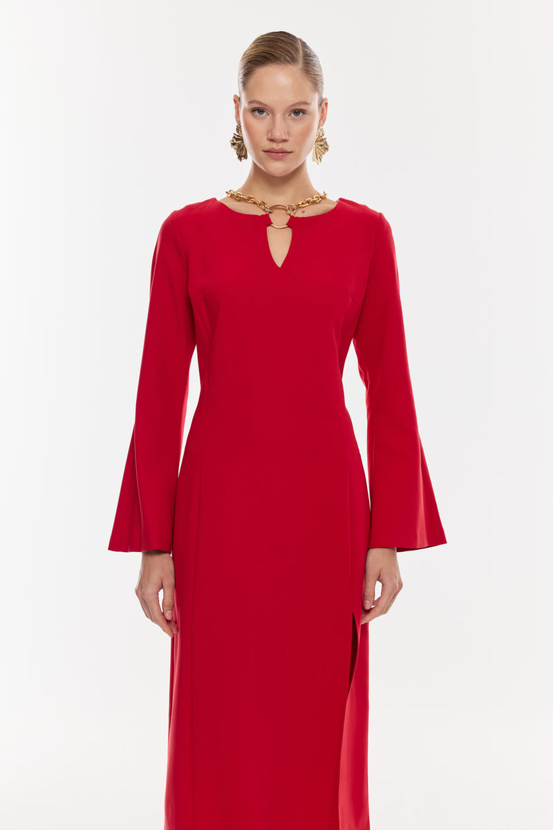 Zincir Detaylı Yırtmaçlı Midi Elbise